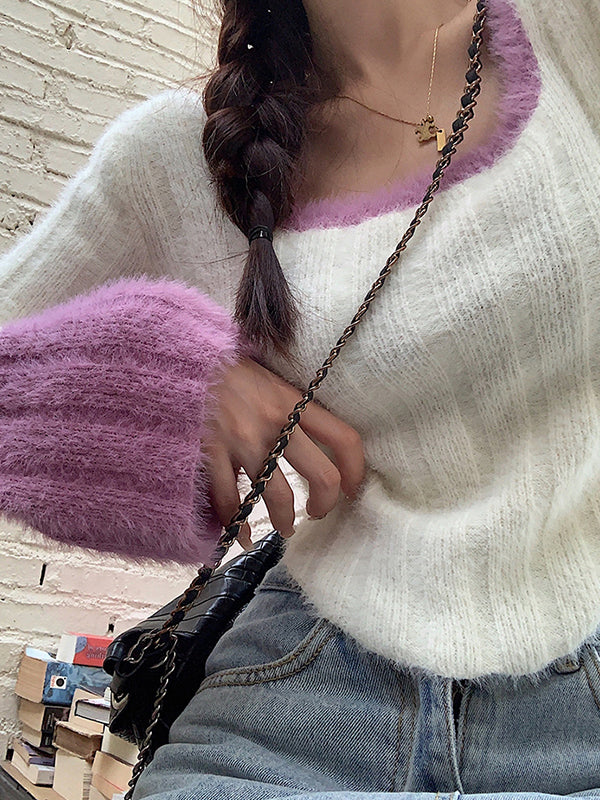 Contrast Color Splice Trumpet Sleeve Slim Sweater