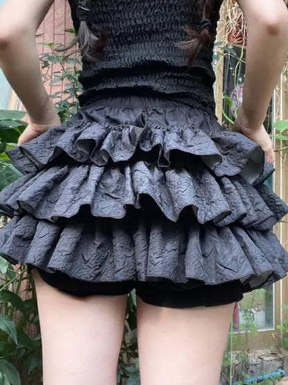 Solid Textured Tiered Shorts