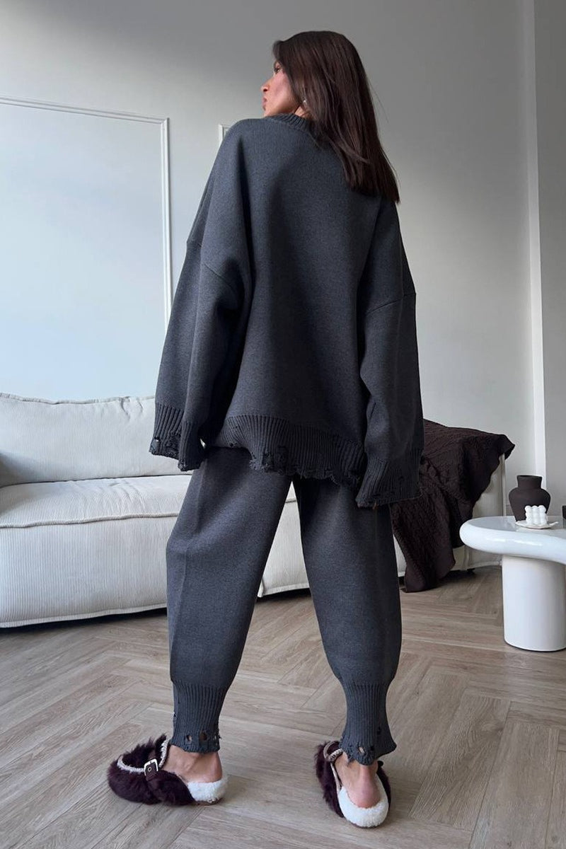 Solid Distressed Knit Crew Neck Sweater Two Piece Set
