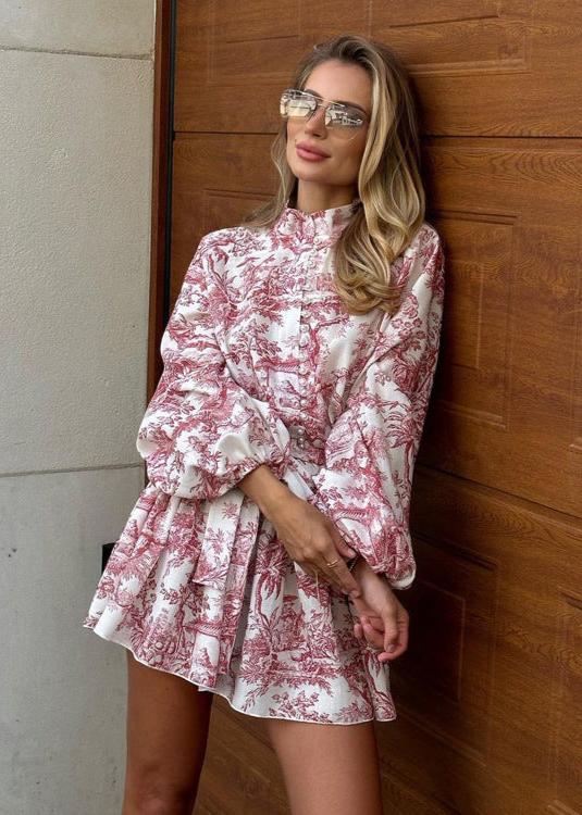 Toile Print Mandarin Collar Puff Sleeve Tie Waist A-Line Mini Dress