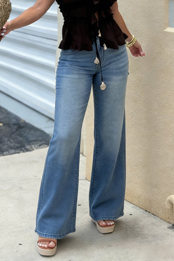 Stylish High-waisted Pocket Casual Wide-leg Jeans