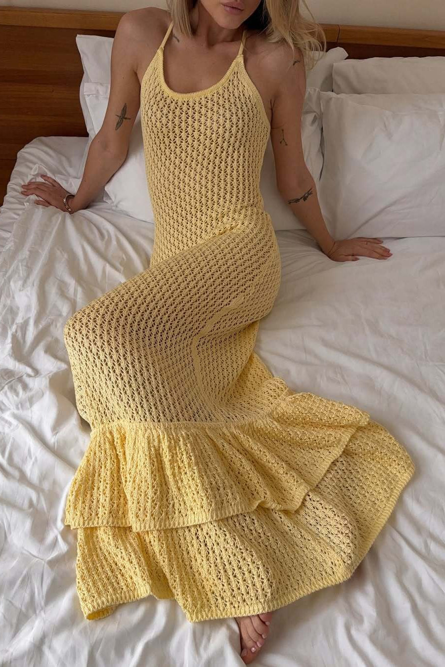 | Ruffle Knit Cutout Sheer Cami Maxi Dress