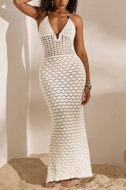 Solid Color Openwork Halter Neck Slim-fit Knitted Cover-up Maxi Dress