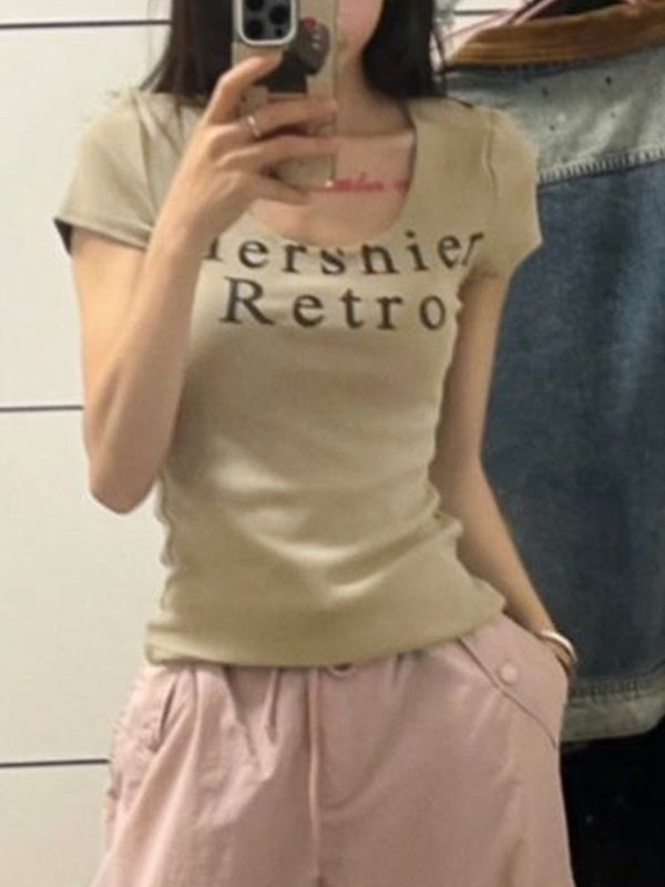 U Neck Letter Print Slim Short Sleeve Knit