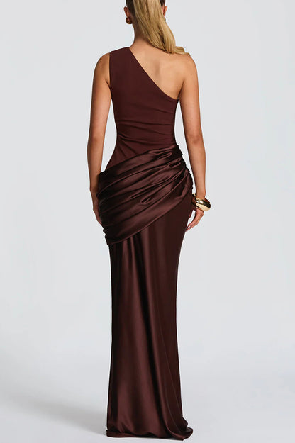Stylish One-shoulder Sleeveless Satin Draped Slim-fit Maxi Dress