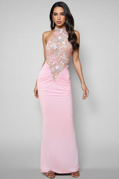 Vincas Embroidered Neck Sequin Maxi Dress