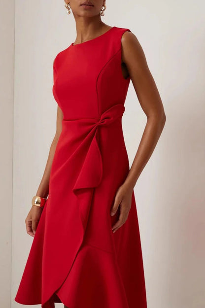Jewel Neck Sleeveless Side Knot Draped Cascade Ruffle Fit and Flare Midi Dress