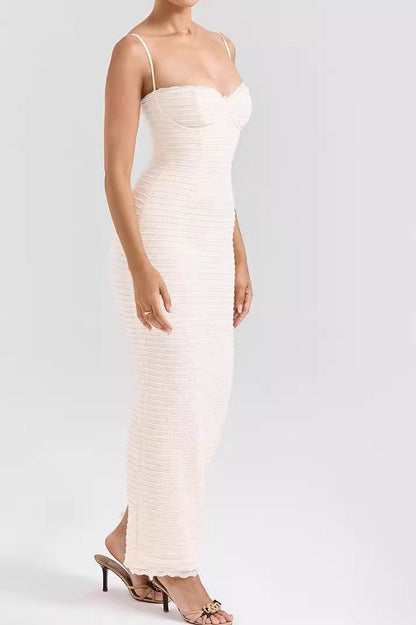 Sweetheart Corset Bodice Spaghetti Strap Ribbed Bodycon Maxi Dress