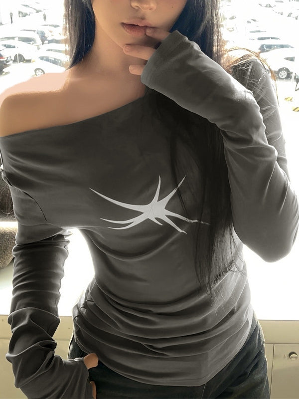 Simple Print Off Shoulder Slim Long Sleeve Tee