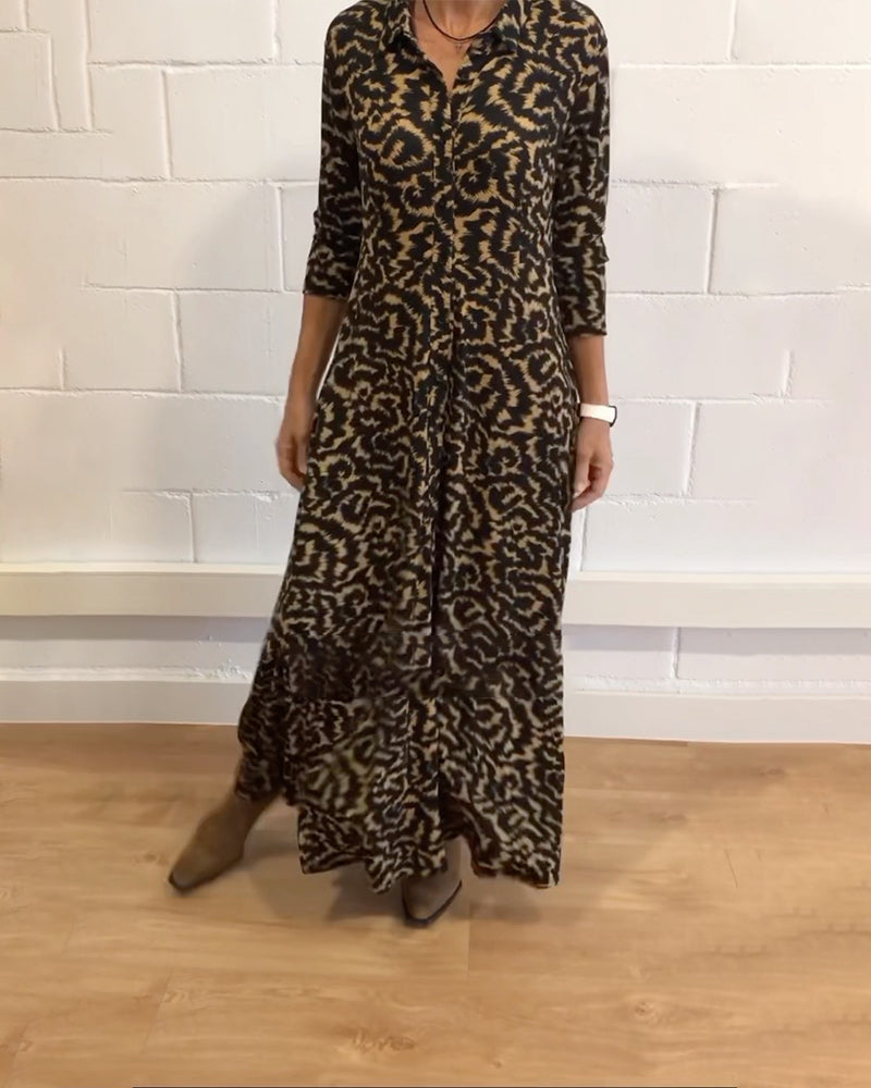 Collared Button Down Three Quarter Sleeve Spotted Print Shirt Maxi Dress