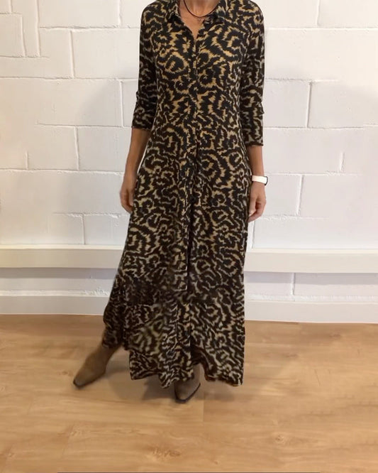 Collared Button Down Three Quarter Sleeve Spotted Print Shirt Maxi Dress