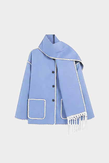 Contrast Trim Wool-blend Coat With Tassel Scarf