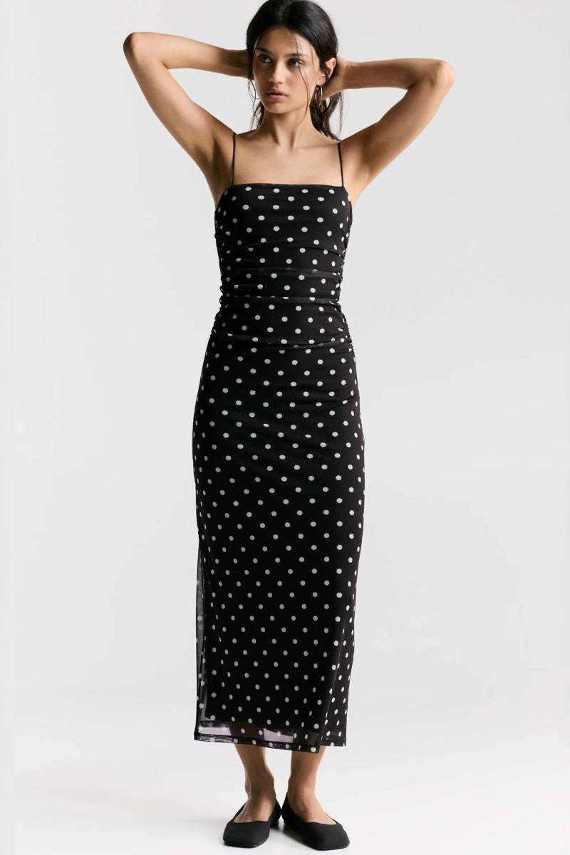 Polka Dot Mesh Sheer Spaghetti Strap Square Neck Ruched Maxi Dress