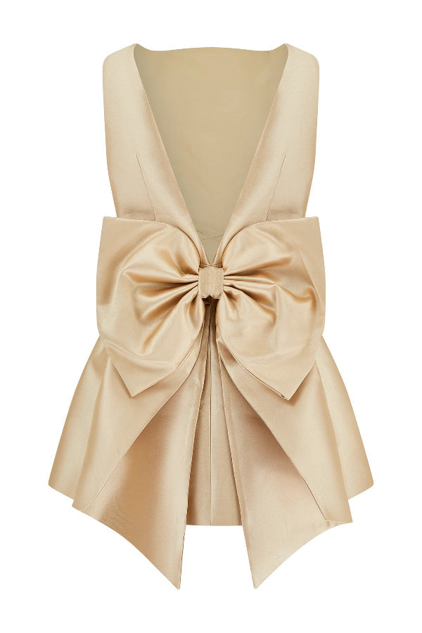 Square Neck Satin Oversized Back Bow Plunge Back Mini Dress