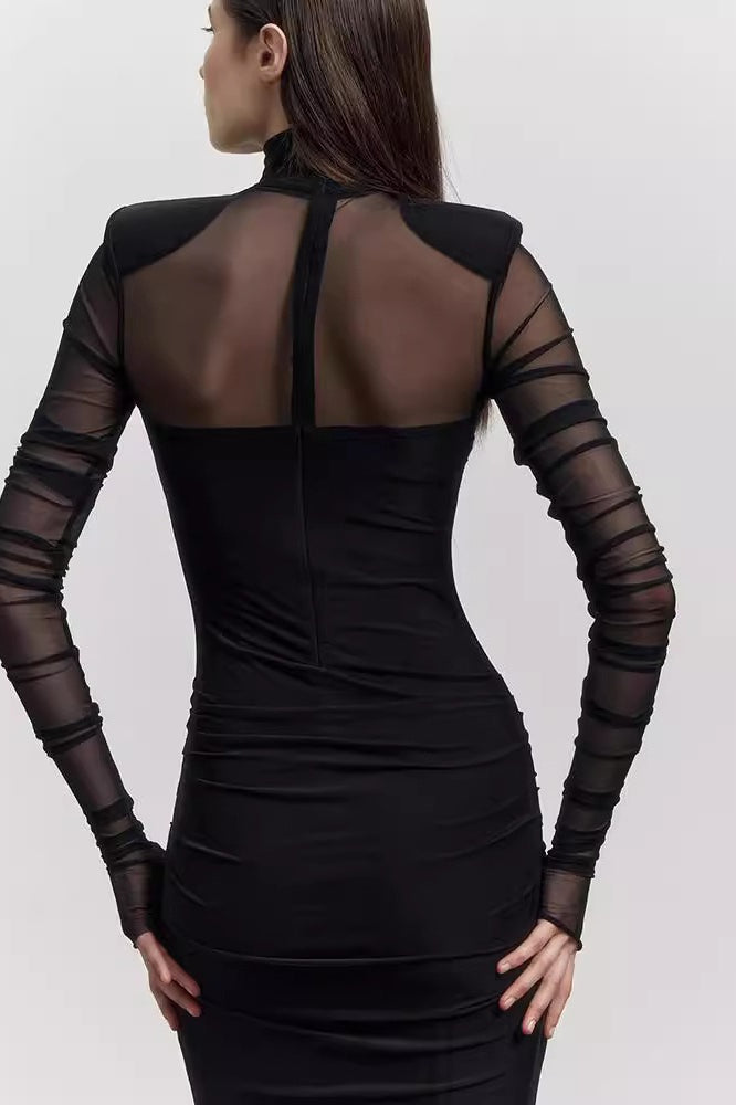 Mock Neck Mesh Panel Power Shoulder Ruched Bodycon Midi Dress