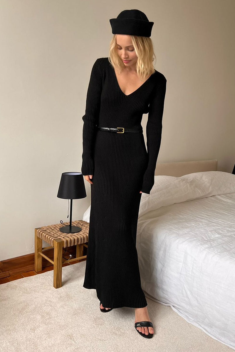 | Knit Bodycon V Neck Maxi Dress