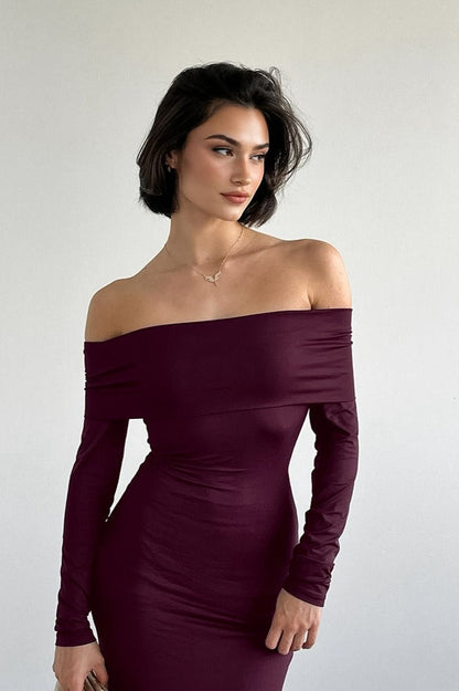 | Solid Off-the-shoulder Bodycon Maxi Dress