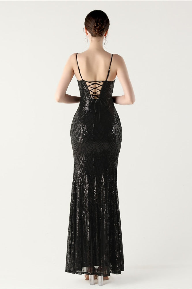 | Sequin V Neck Cross Strap Maxi Dress