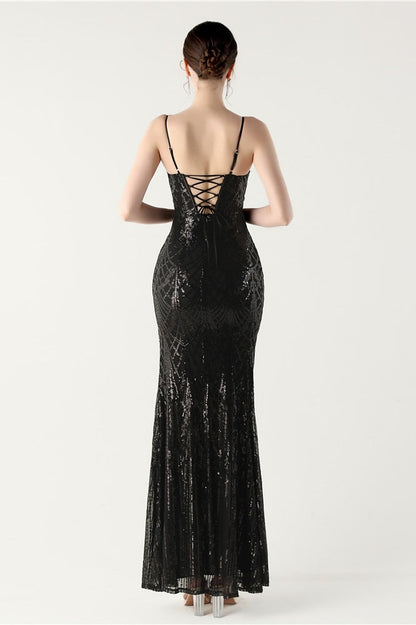 | Sequin V Neck Cross Strap Maxi Dress