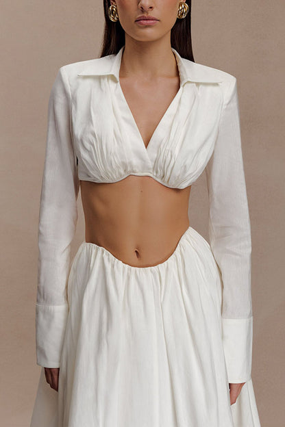 Greta Linen Blend Bra-style Gathered Long Sleeve Crop Shirt and Mid Rise Pocket Umbrella Skirt Set