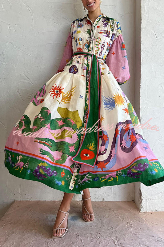 Effortless and Playful Print Balloon Sleeve Shirt Midi Dress
