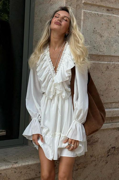Ruffled Deep V-Neck Bell Sleeve Drawstring Waist Tiered Mini Dress