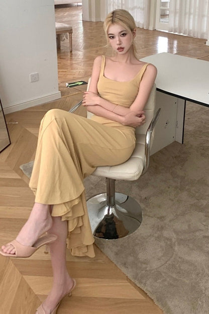 Spaghetti Strap Scoop Back Mermaid Ruffle Hem Maxi Dress