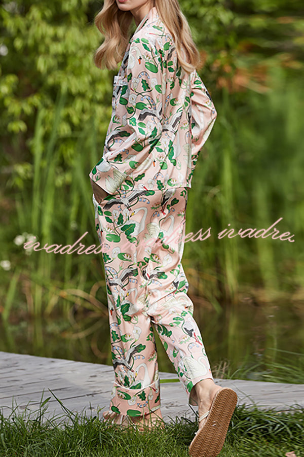 Swan Crane Printed Home Long Sleeved Two-piece Set