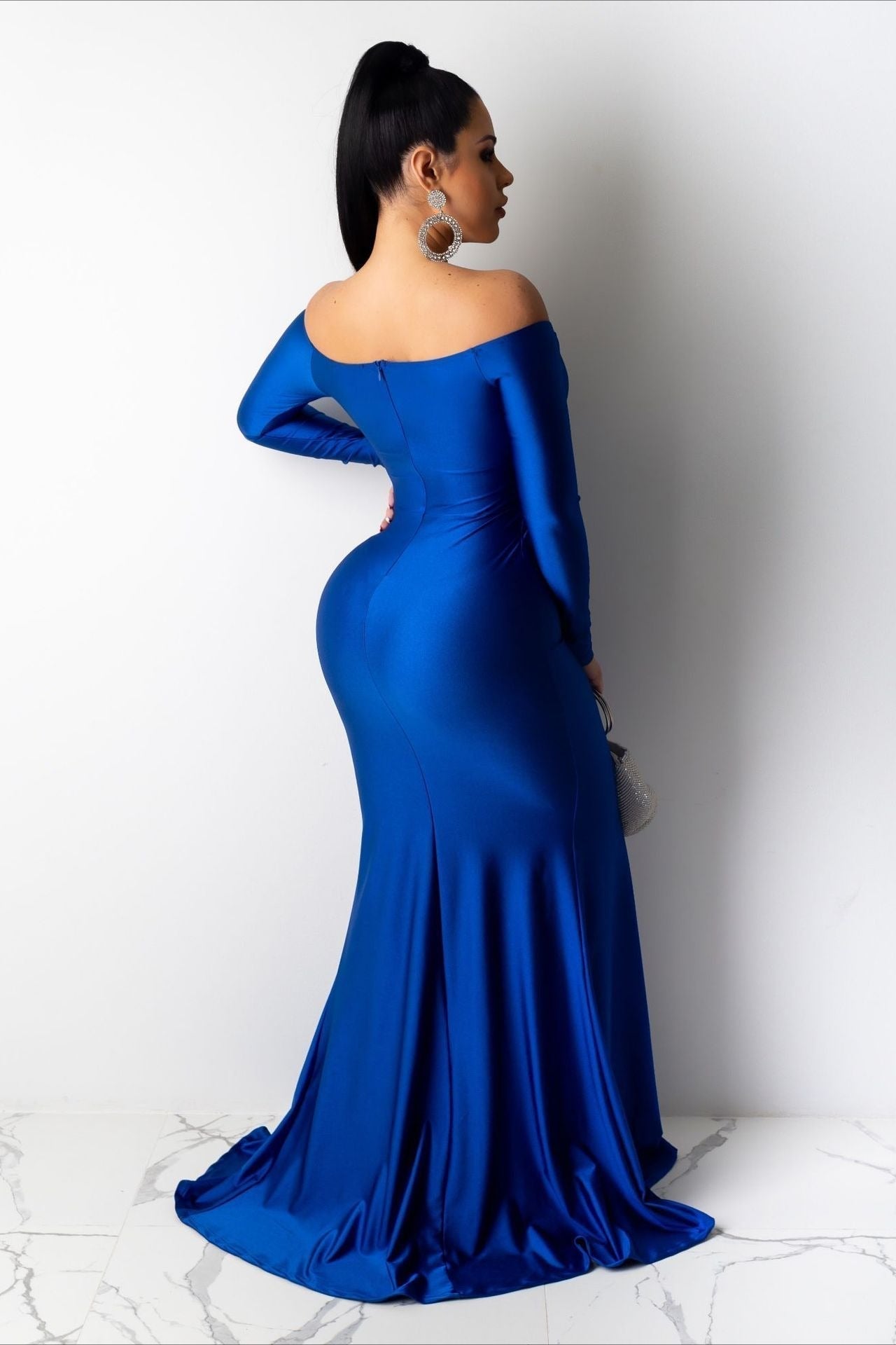 Off-Shoulder Surplice Long Sleeve High Slit Mermaid Maxi Gown