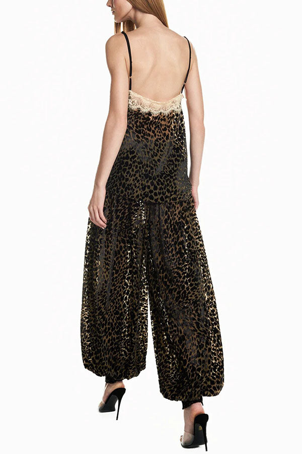 Wild Charm Leopard Print Lace Trim Spaghetti Strap Loose Tank