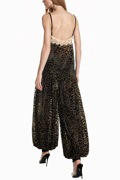 Wild Charm Leopard Print Lace Trim Spaghetti Strap Loose Tank