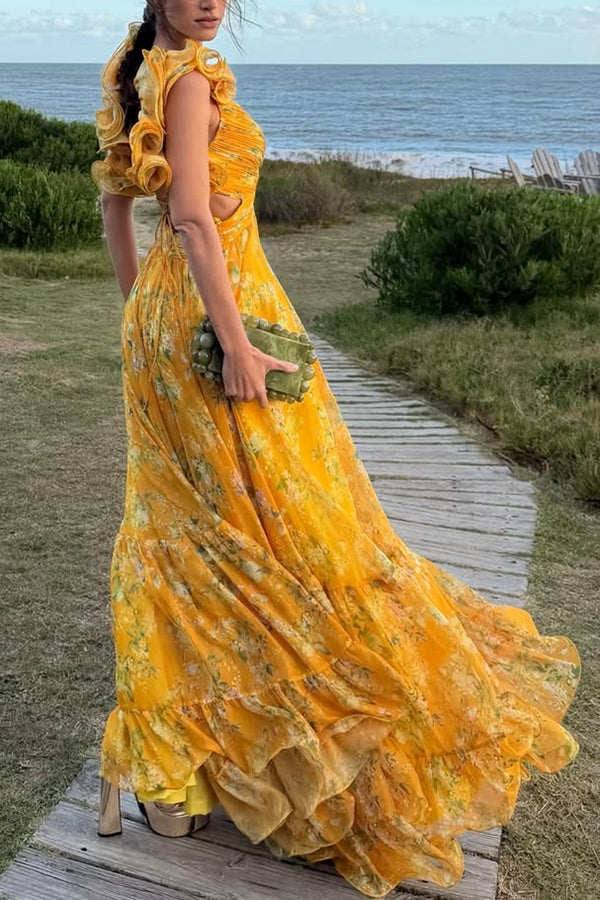 Delicate Garden Chiffon Floral Print Tiered Ruffle Cutout Back Lace-up Gown Maxi Dress