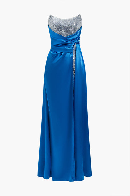 Strapless Sequin Bodice Ruched Satin Knot Hip High Slit Maxi Gown