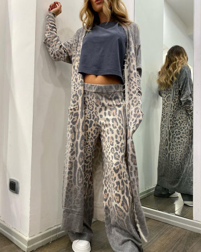 Comfort first Leopard Print Pocket Long Sleeve Cardigan Elastic Waist Pants Set