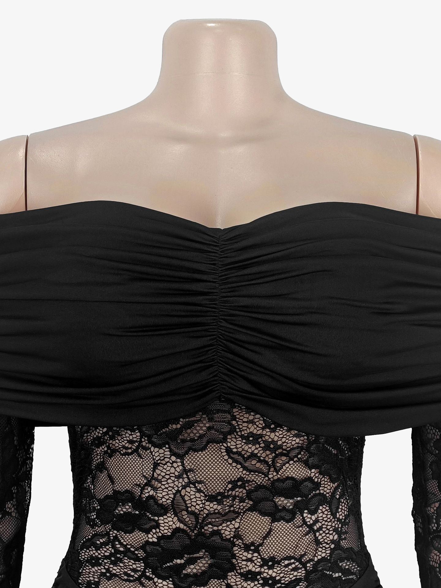 Off Shoulder Ruched Lace Sheer Panel Slim Fit Fishtail Long Gown For Women 2026