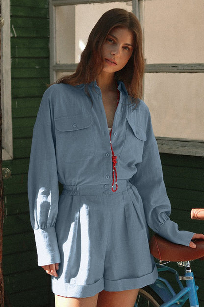 Cotton Linen Long Sleeve Slim Fit Waist Short Jumpsuit