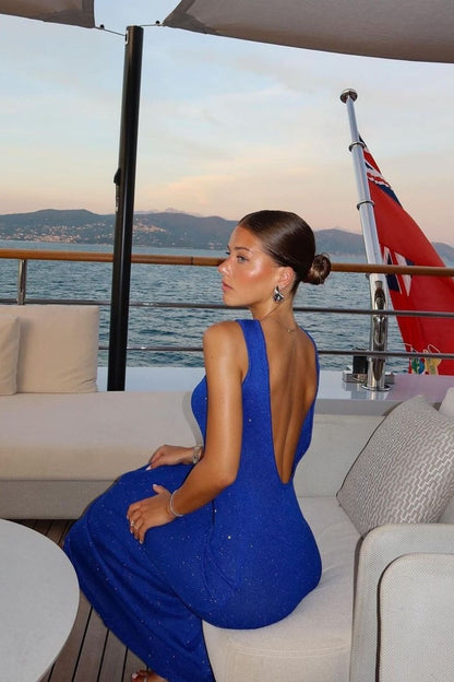 | Shiny Sleeveless Backless Maxi Dress