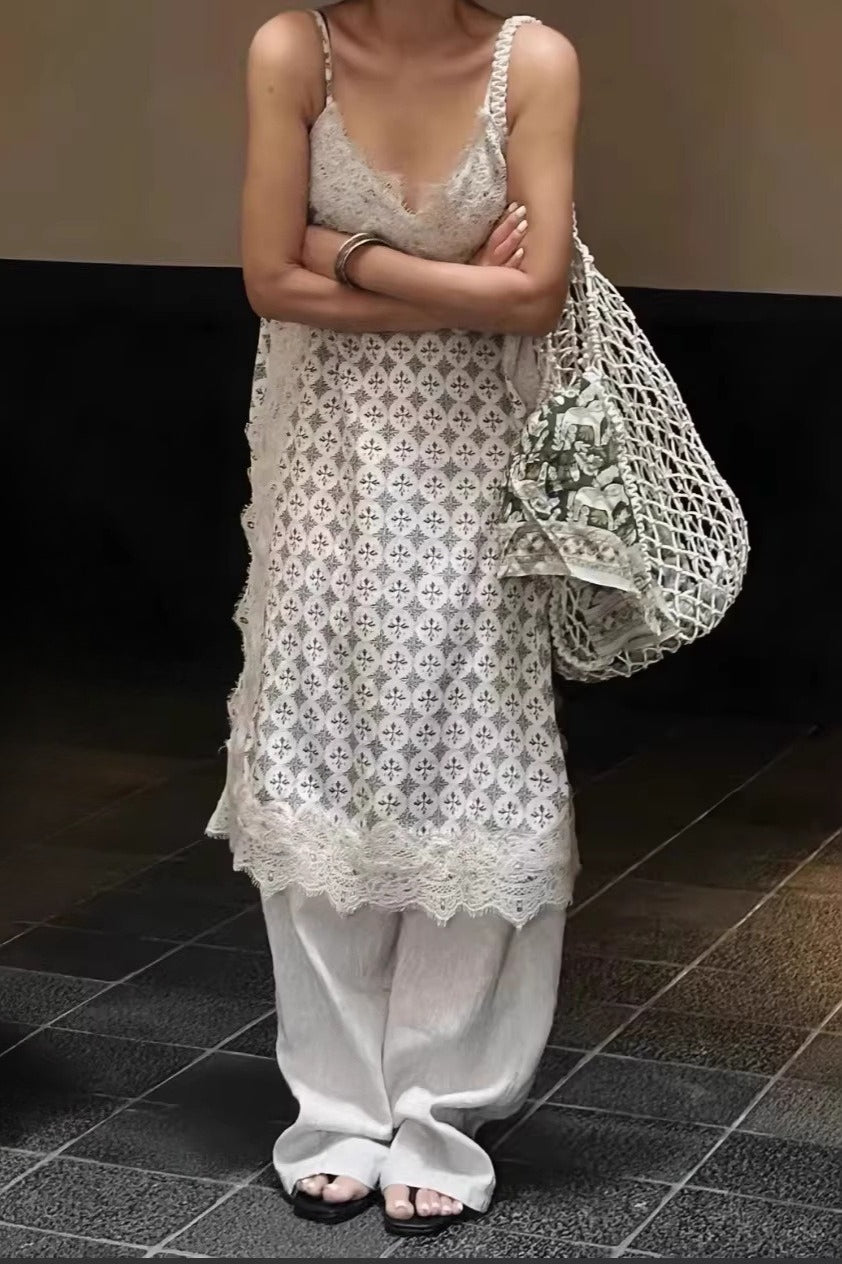 Spaghetti Strap V-Neck Lace Panel Geometric Tile Print Cami Midi Dress