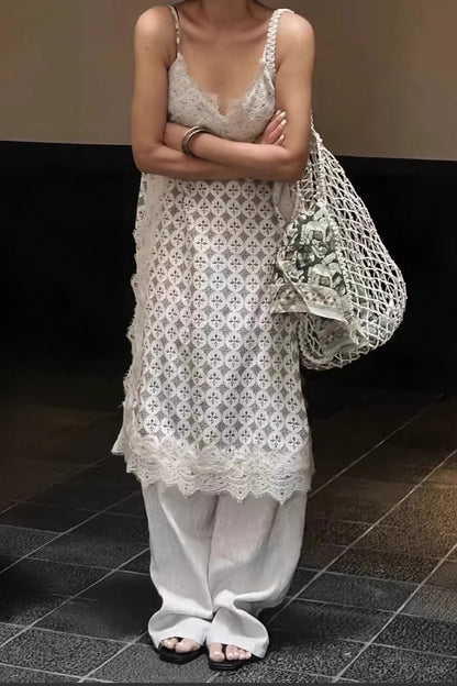 Spaghetti Strap V-Neck Lace Panel Geometric Tile Print Cami Midi Dress