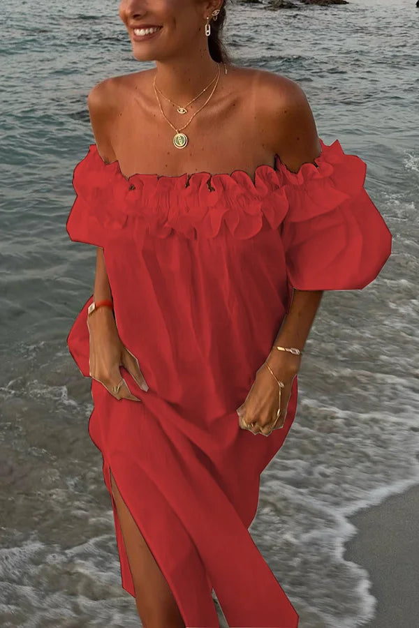 Off Shoulder Ruffle Trim Puff Sleeve Side Slit Linen Look Maxi Dress