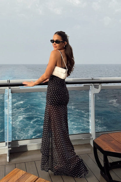 Polka Dot Print Mesh Spaghetti Strap Keyhole Ruched High-Slit Maxi Dress