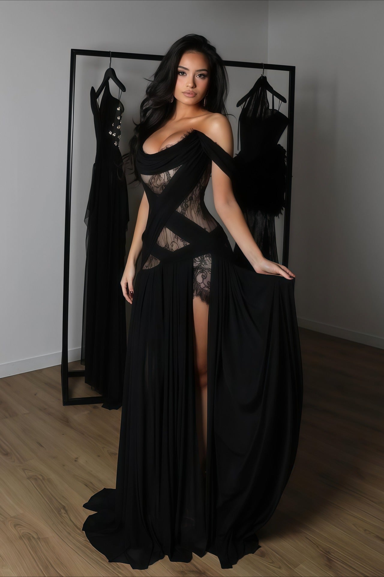 | Lace Patchwork Cutout Sheer Slit Maxi Dress