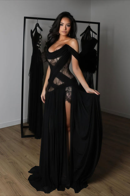 | Lace Patchwork Cutout Sheer Slit Maxi Dress