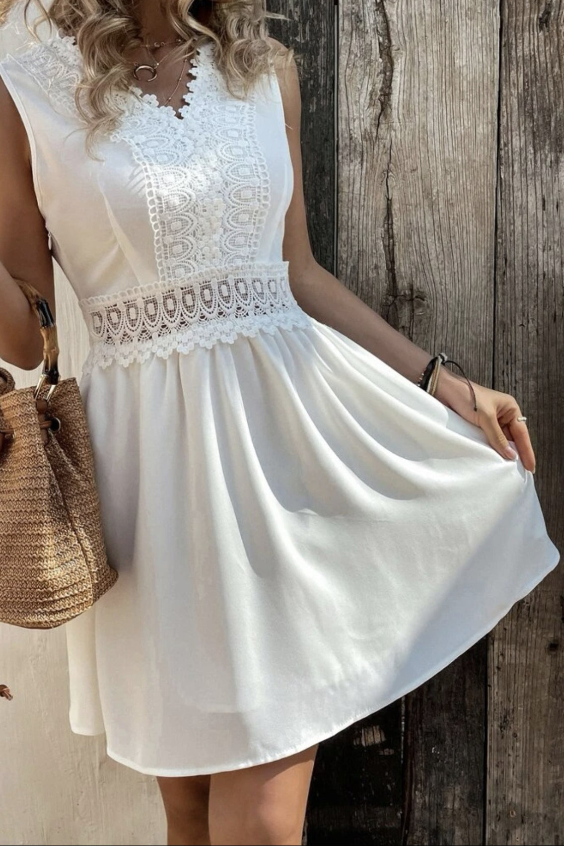 Sleeveless Lace Trim V-Neck Crochet Lace Waistband A-Line Mini Dress