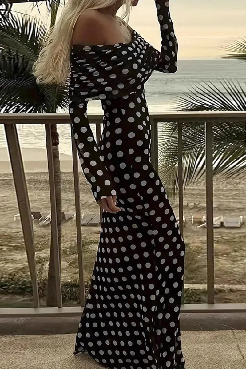 Off Shoulder Mesh Polka Dot Long Sleeve Bodycon Maxi Dress