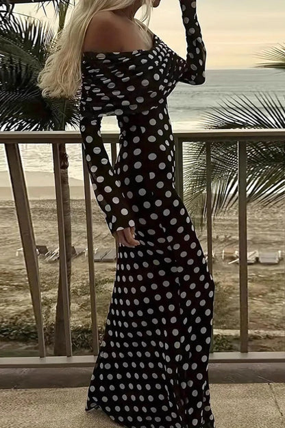 Off Shoulder Mesh Polka Dot Long Sleeve Bodycon Maxi Dress