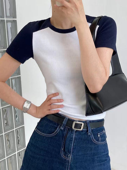 Contrast Color Stitching Crewneck Short Sleeve Knits