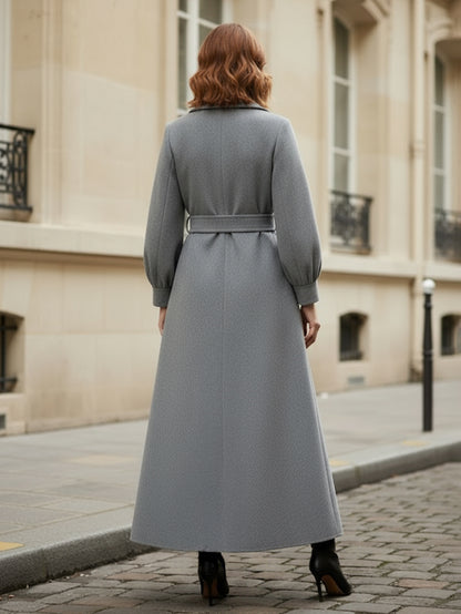 Belted Double-Breasted Woolen Full-Length Coat With Balloon Sleeves For Women 2026