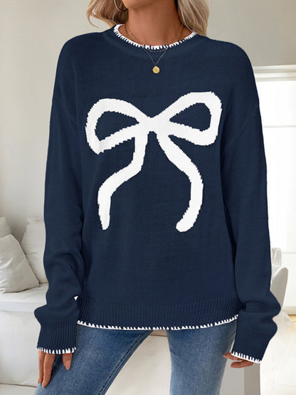Bow Jacquard Loose Long-sleeved Round Neck Sweater