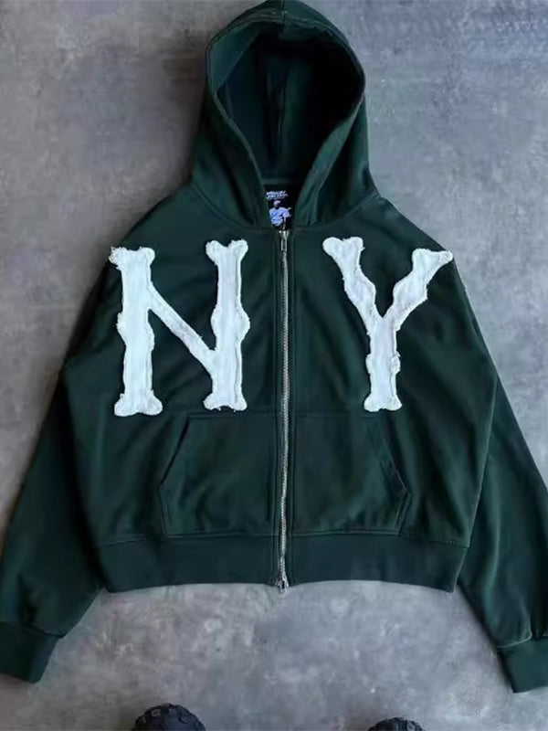 Embroidered Zip Up Cardigan Loose Hoodie